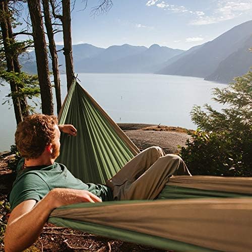 Fox Outfitters Neolite Double Camping Hammock - Lightweight Portable Nylon Parachute Hammock for Backpacking, Travel, Beach, Yard. Hammock Straps & Steel Carabiners Included (Khaki/Olive Green)