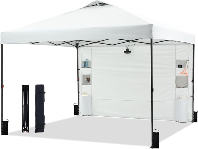 12'x12' Pop Up Canopy Tent with 1 Sidewall and 6 Pockets, One Push Setup, Instant Shade Tent with Vented Roof for Beach Patio Outdoor, Case, 8 Stakes, 4 Ropes, 4 Sandbags (White, 12x12)