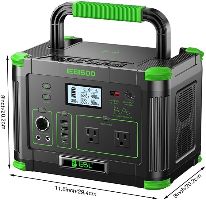 Portable Power Station 500W(Peak 1000W) EBL, 519Wh Outdoor Solar Generator with 2 AC(110V) Outlets, 10 Ports Powerhouse with USB-C PD Fast Charging for Travel, RV Camping Off-Grid Living Emergency