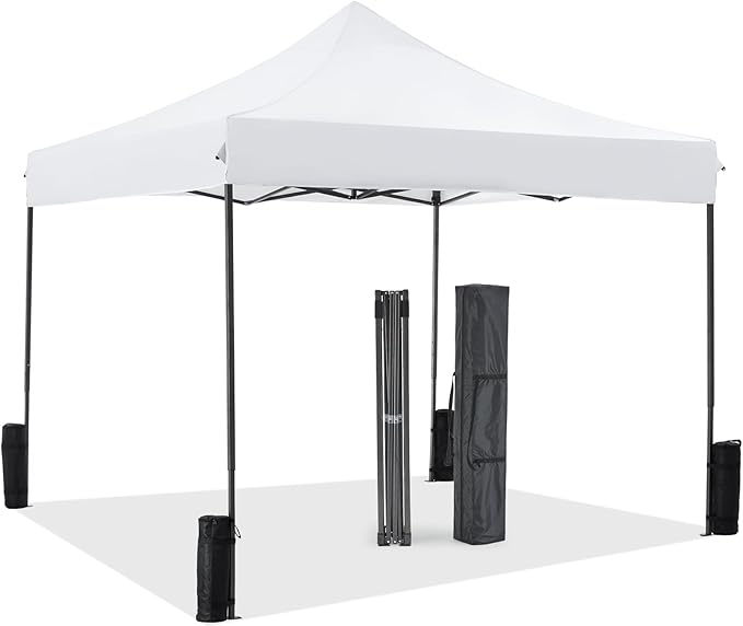 Sweetcrispy 10 x 10 Ft Pop Up Canopy Tent Outdoor Use, Portable Shade Waterproof Beach Tent with Sand Bags for Events Backyard Parties, White