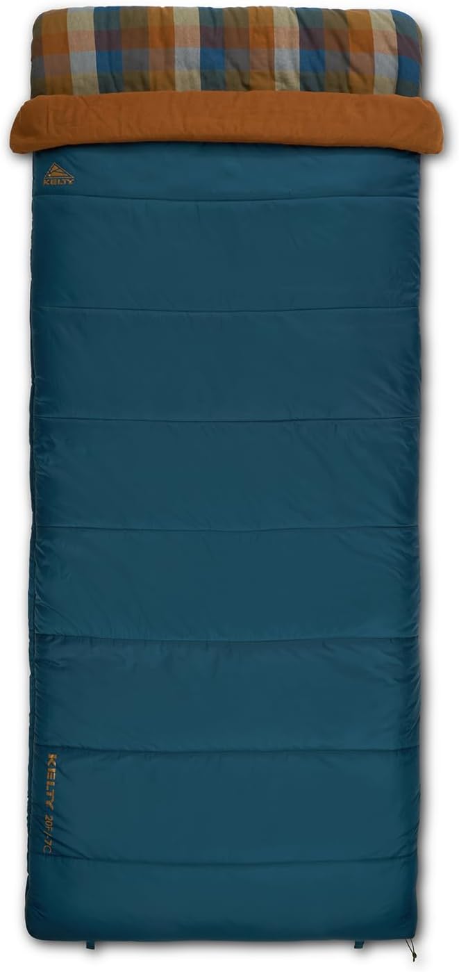 Kelty Wayback Flannel Lined Sleeping Bag, Built in Blanket, Traditional Rectangle Shape, Organic Flannel Cotton Liner, Dual Locking Slide Zips