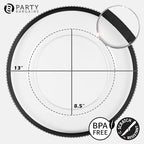PARTY BARGAINS 13-Inch Charger Plates - 16 Pack, Clear Black Rim, Heavy-Duty Disposable Chargers for Elegant Dining - Ideal for Weddings and Formal Events