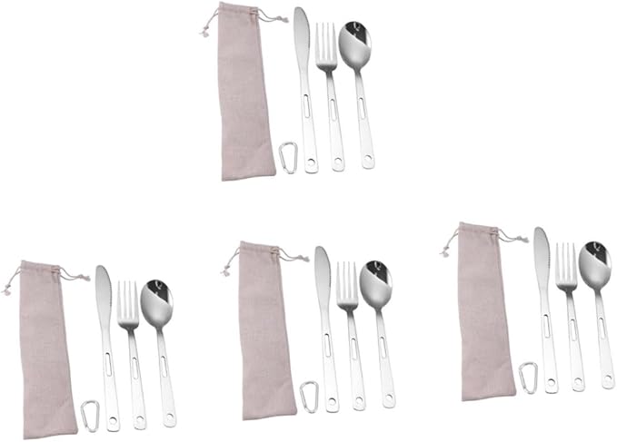 Yardwe 4sets Portable Stainless Steel Camping Cutlery Outdoor Tableware Fork Spoon and Cutter Compact Design for Easy Storage and Cleaning for Hiking and Picnics