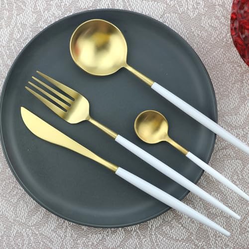 Cutlery Set Pieces Service Stainless Steel Titanium Flatware,Cutlery Flatware Set Of 4, Stainless Steel Tableware, Include Knife Fork Spoon Dinnerware with Elegant Box, for Home, Hotel, Res