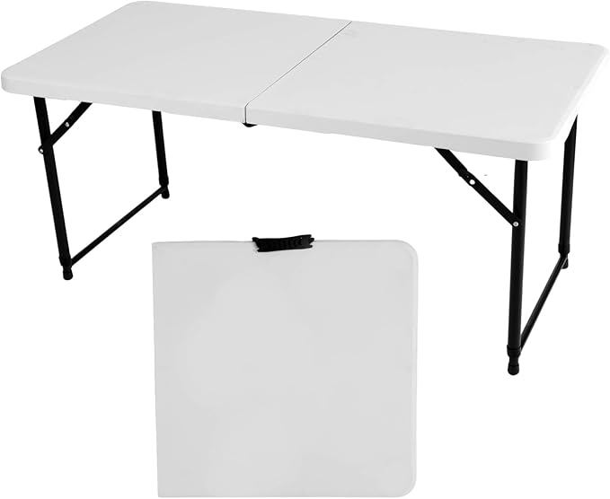 4FT Adjustable Height Folding Camping Table - Portable Foldable Small Table with Metal Frame & Plastic Top, Ideal for Outdoor Picnic, Indoor Dining & Events