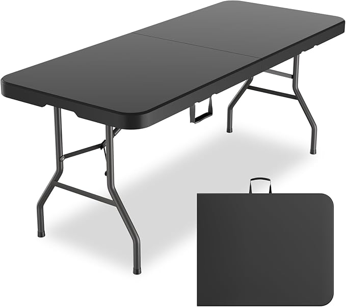 6ft Heavy-Duty Portable Outdoor Folding Table for 6 - Sturdy HDPE Top, 350lbs Capacity, Lockable Design, No Assembly - Camping Parties Picnics (Black)