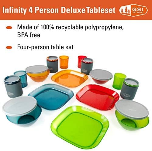 GSI Outdoors - Infinity 4 Person Deluxe Nesting Table Set Multicolor Durable, Break Resistant Plates, Bowls, Mugs and Cups