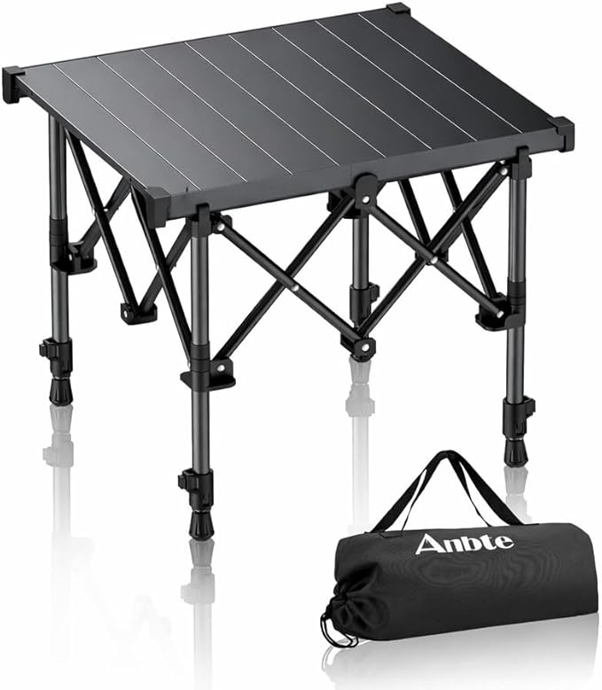 Anbte Folding Camping Table, 2 Height Adjustable Small Camping Side Table Aluminum Roll Top with Carry Bag, Stable X-Frame for Outdoor Cooking, Tailgating Picnic BBQ RV Travel, 20”x16”, 264lbs Load