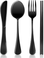 16 Pieces for 4 Persons Chopsticks and Forks Set Silverware Set Kitchen Utensils Set Cutlery Set Flatware Set Dishwasher Safe Mirror Effect for Picnic Camping Barbecue, Black