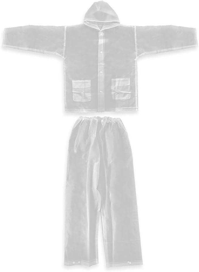 2pc Resuable Transparent EVA Rain Suits Unisex Emergency Rain Suit Clear Raincoat Waterproof Drawstring Hooded Rainwear Jacket Pants Set with Storage Bag for Hiking Drifting Camping Fishing (S, L)(L)