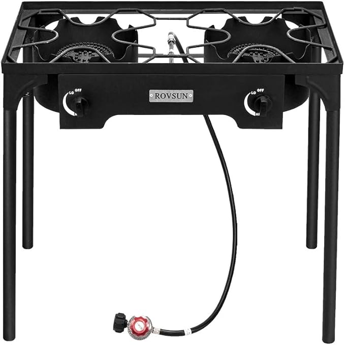 Bonnlo 2 Burner Outdoor Portable Propane Stove Gas Cooker, Heavy Duty Iron Cast Patio Burner with Detachable Stand Legs for Camp Cooking (2-Burner 150,000-BTU)