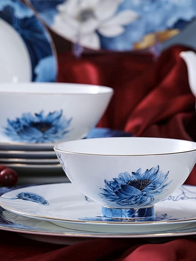 Enamel Watercolor Floral Tableware, 45 Bone China Tableware Set, 10-person Chinese Tableware, Light Luxury Bowl And Plate Set, Camping Outdoor Tableware
