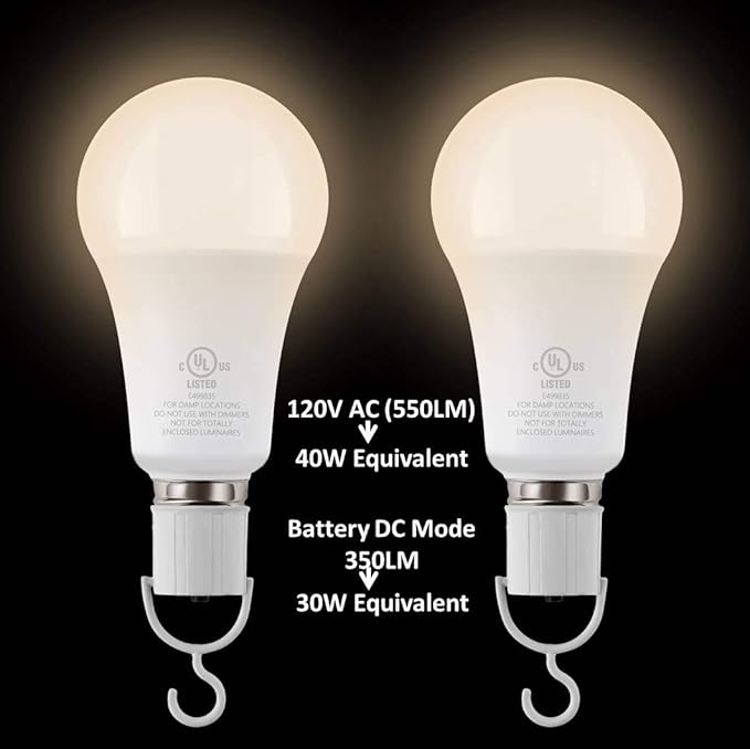 5W Rechargeable Emergency LED Light Bulbs with Back Up Battery for Power Outage, Camping, Hurricane, Disaster Planning, 40W Equivalent, UL Certified (3000K Soft White, 2-Pack)