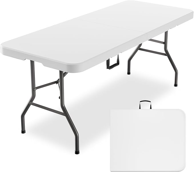 6ft Heavy-Duty Portable Outdoor Folding Table for 6 - Sturdy HDPE Top, 350lbs Capacity, Lockable Design, No Assembly (White) - Camping Parties Picnics