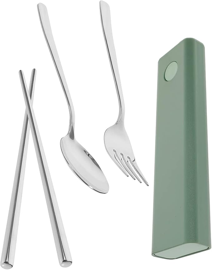 4 Sets Fork Spoon Chopsticks Stainless Steel Spoon Stainless Steel Utensils Set Travel Cutlery Reusable Spoon Spoon Fork Chopstick Portable Tableware Green Chopstick Rest