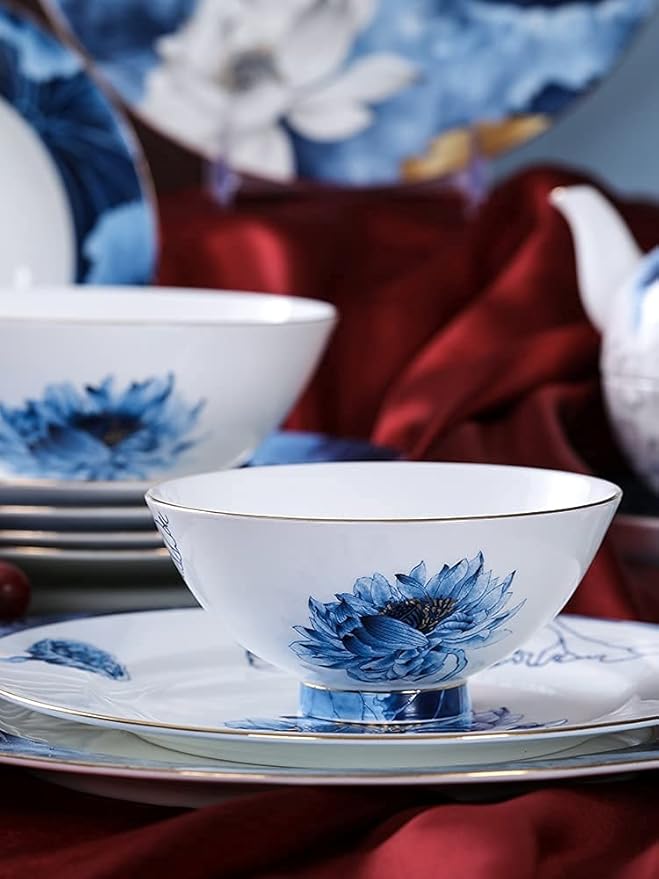 Enamel Watercolor Floral Tableware, 45 Bone China Tableware Set, 10-person Chinese Tableware, Light Luxury Bowl And Plate Set, Camping Outdoor Tableware