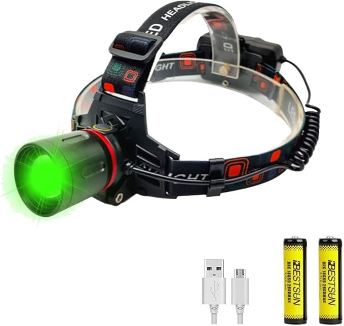 Green LED Headlamp Rechargeable Super Bright Hunting Headlamps Waterproof Headlamp Flashlight Zoomable 3 Modes Headlight for Hunting Fishing Running