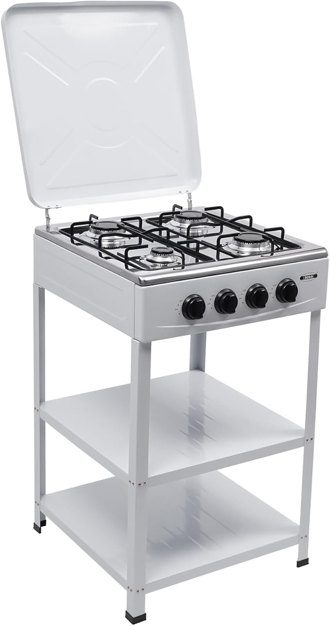4 Burner Gas Stove, Portable Outdoor Stove with Double storage shelves and Independent Knobs, Heavy Duty Propane Gas Cooker with Wind Blocking Cover for Outdoor Camping BBQ(White)