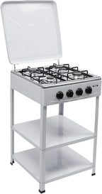 4 Burner Gas Stove, Portable Outdoor Stove with Double storage shelves and Independent Knobs, Heavy Duty Propane Gas Cooker with Wind Blocking Cover for Outdoor Camping BBQ(White)