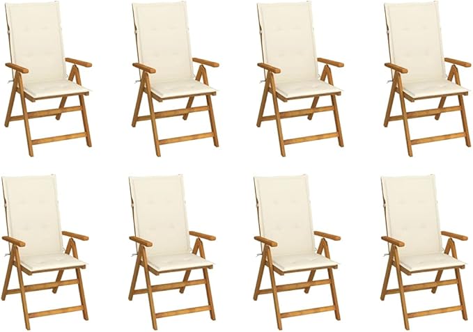 Folding Patio Chairs with Cushions,Bistro Chair,Patio Funiture,Lawn Chairs,Armchair,Beach Chair,Camp Chair,Coffee Chair,for Outdoor,Fire Pit,Deck,Lawn,Outside,Garden, 8 pcs Solid Acacia Wood