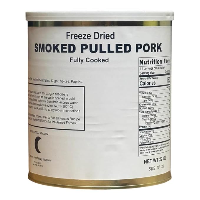 Military Surplus Freeze Dried Fully Cooked Smoked Pulled Pork 22 Oz Per Can Emergency Food Supply Shelf Stable Meat for Survival, Backpacking, Camping 25+ Year Shelf Life Made in USA