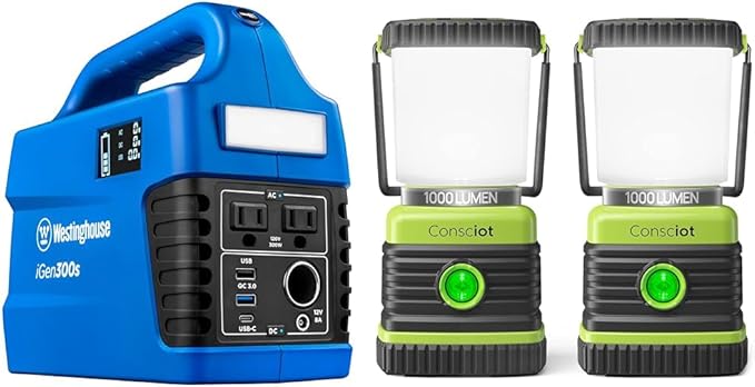 Westinghouse 296Wh 600 Peak Watt Portable Power Station and Solar Generator, Pure Sine Wave AC Outlet & LED Camping Lantern, Consciot Battery Powered Camping Lights, 1000LM, 4 Light Modes