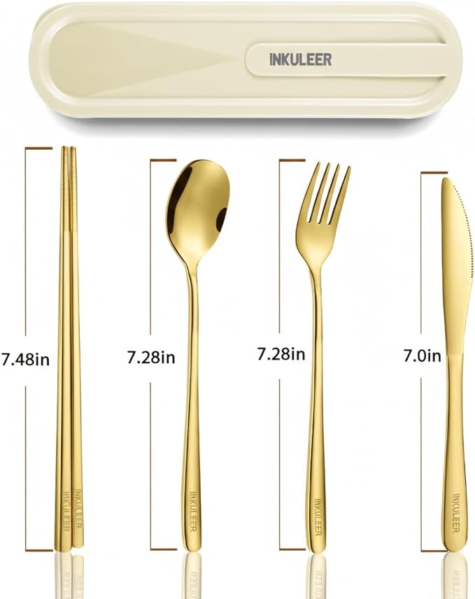 Travel cutlery set, 18/8 stainless steel cutlery, Reusable utensils set with case, Portable Silverware Lunch Box for Camping and Office-Stainless steel (Gold)
