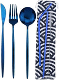 6/24/36/48/60/72 Pieces Stainless Steel Travel Camping Portable Tableware Set Straw Table Knife Spoon Fork Cleaning Brush Storage Bag(Blue,10Set-60Pcs)