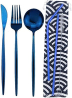 6/24/36/48/60/72 Pieces Stainless Steel Travel Camping Portable Tableware Set Straw Table Knife Spoon Fork Cleaning Brush Storage Bag(Blue,10Set-60Pcs)