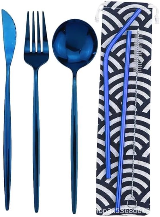 Silverware Set, 6/24/36/48/60/72 Pieces Stainless Steel Travel Camping Portable Tableware Set Straw Table Knife Spoon Fork Cleaning Brush Storage Bag(Blue,6Set-36Pcs)