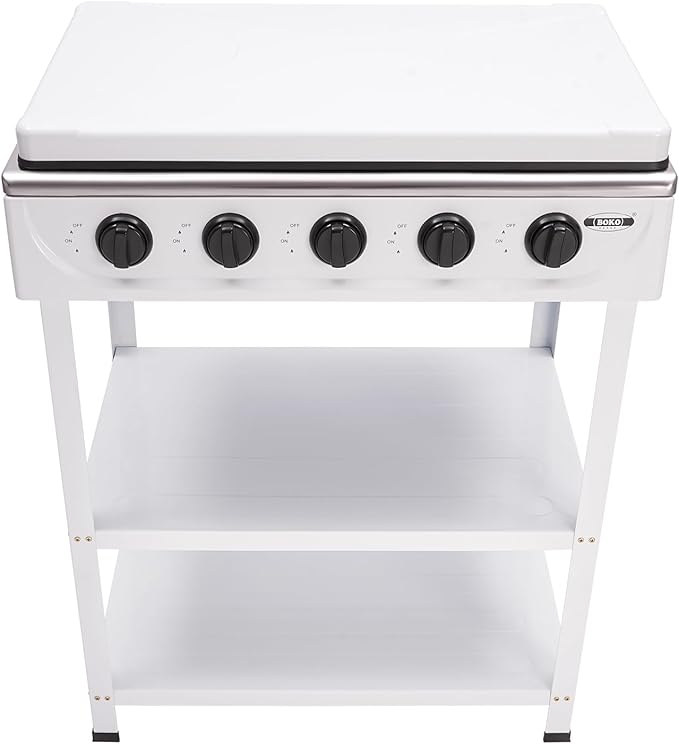 Natural Gas Stove, 12.5KW 5-Burner Camping Stove with 5 Fire Adjustment Knobs and 2 Tiers Storage Rack, Portable Gas Cooktop Outdoor Cooking Tool for Camping Fishing Travel, White