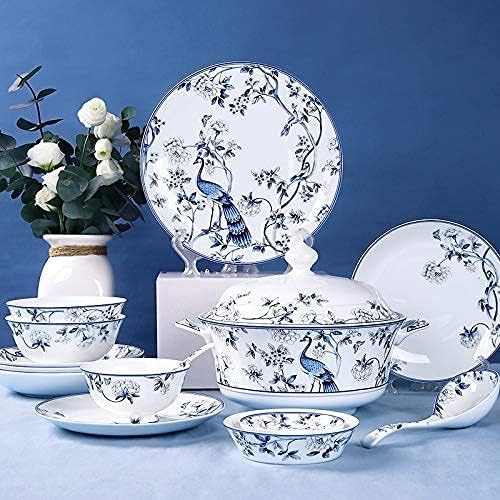 56-Piece Chinese Bone China Tableware Set Blue and White Porcelain Tableware Set for 6 People