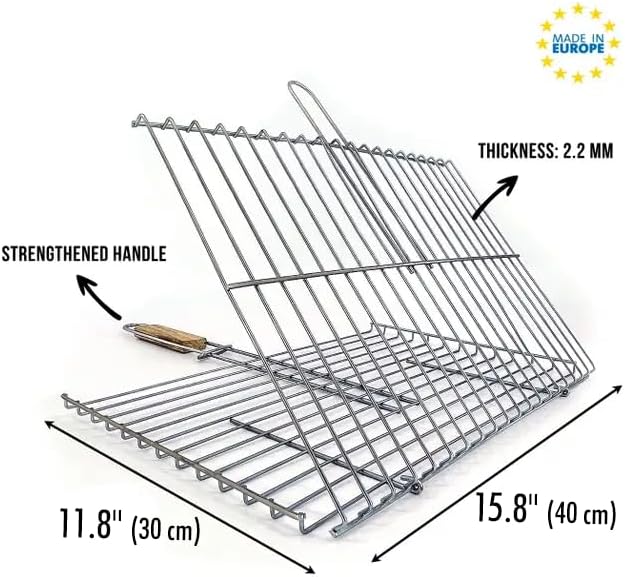 Hakan Grill Basket 11.8 x 15.8-inch for Outdoor Grill, Barbecue Basket for Fish, Steak, Chicken, Vegetables, Shish Kabob and Shrimp, Large Lockable Basket with Wooden Handle, Stainless Steel, BBQ