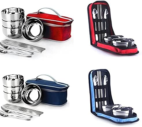 Picnic Tourist Set Outdoor Stainless Steel Tableware Camping Cutlery Chopsticks Spoon Bowls Bag Dinnerware Travel Tools (Color : B) (C)