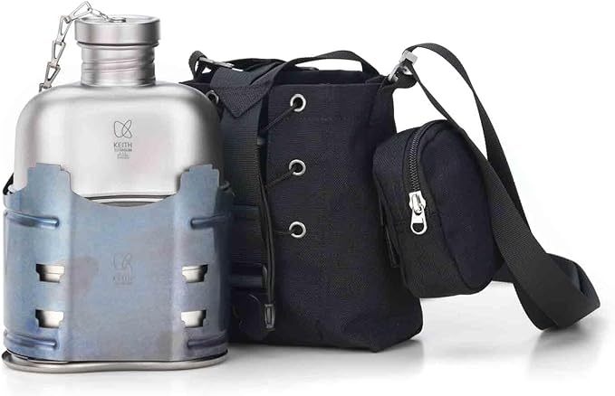 Keith Titanium Ti3061 Pro Plastic-Free Canteen Mess Kit with Stove – Grade 1 Titanium Cookset, 37 oz Bottle, 24 oz & 13.5 oz Cups, Custom MOLLE Field Carry Case with Premium Zippered Pouches