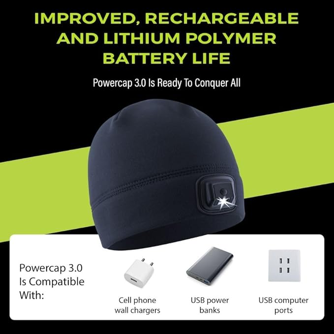 POWERCAP LED Hat Light 150 Lumens Rechargeable Fleece Beanie with Bright Built-in Headlamp Waterproof LED Warm One Size Cap