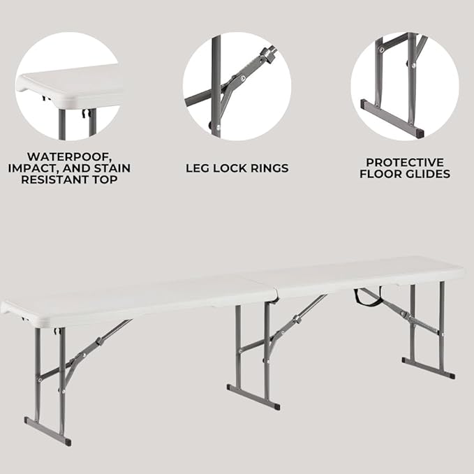 Plastic Folding Bench - Portable Bench Used for Indoor, Outdoor, Picnic, Party, Camping, Dining Seat, Garden Soccer Multipurpose Entertaining Activities, White (2, White, 6 Feet)