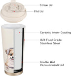 Funkrin Coffee Travel Mug with Straw & Flip Lid, 16oz Insulated Tumbler Cup with Ceramic Coating, Double Wall Vacuum Leak-Proof Mug for Office School Party Camping