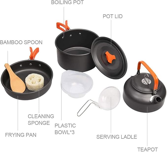 Camping Cookware Kit Outdoor Aluminum Cooking Set Water Kettle Pan Pot Travelling Hiking Picnic BBQ Tableware Equipment(D)