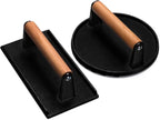 Burger Press, 7" Round & 8.2"X4.3" Rectangle Heavy-Duty Cast Iron Smash Bacon Press Meat Steak With Wood Handle for Griddle, Sandwich, Nonstick Pan