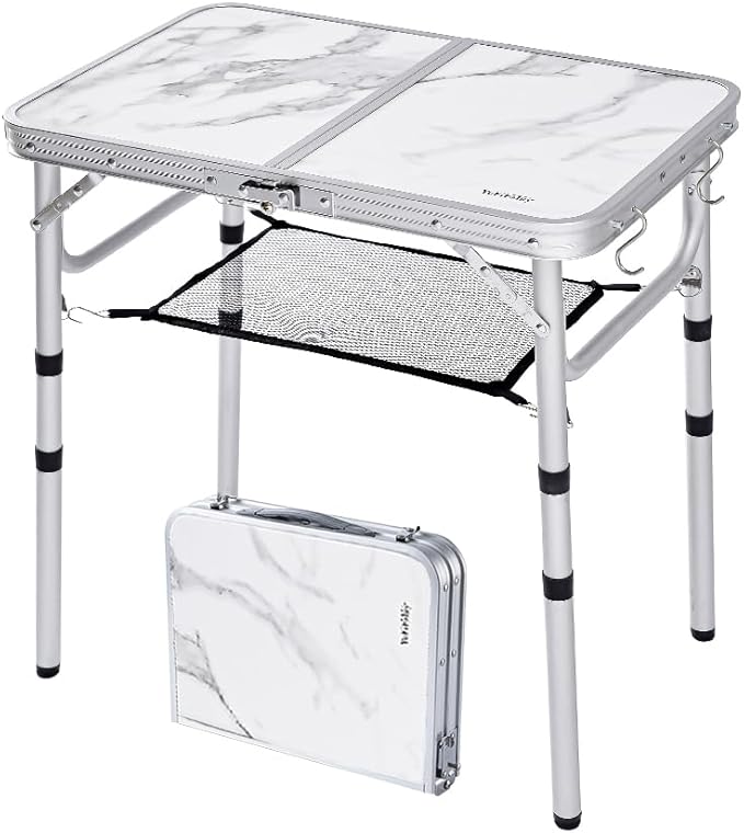 Small Folding Camping Table, 2ft Portable Table with 3 Adjustable Heights, Aluminum Lightweight Foldable Picnic Table with Mesh Layer and Extension Legs for RV, BBQ and Indoor