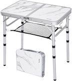 Small Folding Camping Table, 2ft Portable Table with 3 Adjustable Heights, Aluminum Lightweight Foldable Picnic Table with Mesh Layer and Extension Legs for RV, BBQ and Indoor