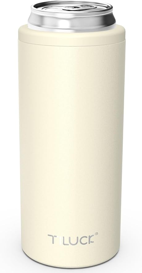 TILUCK Skinny Can Cooler for Slim Beer & Hard Seltzer, Stainless Steel, Doucle-Walled Stainless Steel Insulated Slim Cans, Standard 12 oz (Frosted Beige)