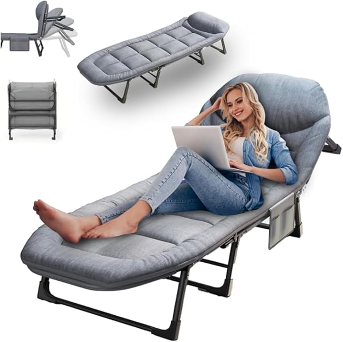 6 Angle Adjustable Folding Cot Bed Chaise Lounge Chair Heavy Duty Portable with Mattress and Pillow for Camping Office Nap Patio Indoor Home Comfortable Lay Flat Reclining Foldable(70IN)