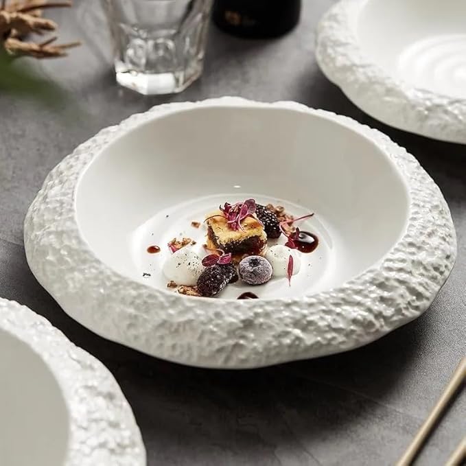 Camping Plates 8.5-inch Rock-Grain Ceramic Plate Household Deep Dish Creative Hotel Restaurant Tableware White Dinner Soup Decorative Plate(8.5 in)