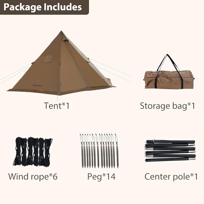 Hot Tent with Stove Jack and Snow Skirt, 6.89~8.53ft Standing Room, 2~5 Person, Tipi Tent for Family Hiking, Fishing, Hunting, Backpacking Camping