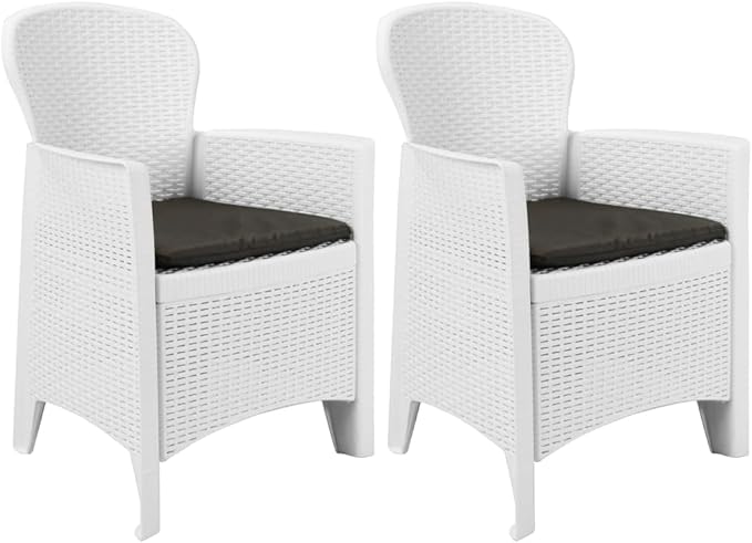 Patio Chairs ,Dining Chairs,Camping Chair,Study Chair,Coffee Chair,Beach Chair,Garden Chairs,Patio Funiture,for Deck, poolside,Camping,Beach,Campsite,2 pcs with Cushion White Plastic Rattan Look