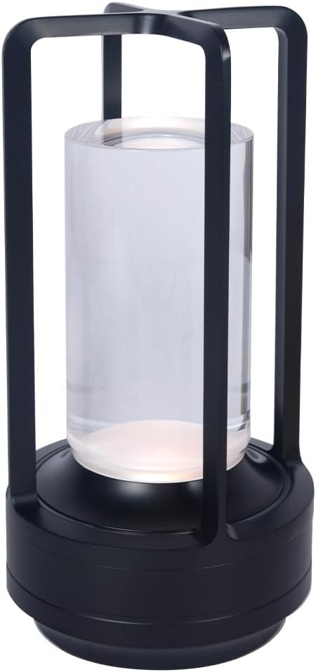 CLT Cordless Luxury Rechargeable Metal LED Lantern, Table Lamp Portable Light with 3 Color Temperature Stepless Dimming Indoor Outdoor Use for Bedroom, Restaurant, Bar, Coffee Shop, Camping (Black)