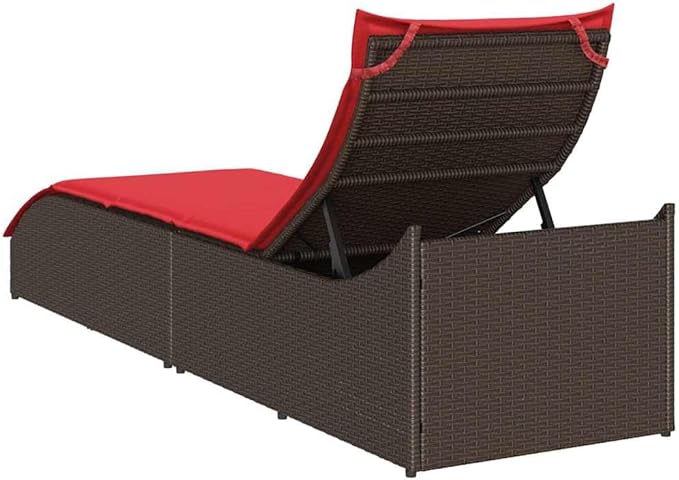 Folding Sun Lounger with Cushion and Storage Brown Poly Rattanpatio Recliner Camping Chairs Tanning chairSuitable for Garden Courtyard