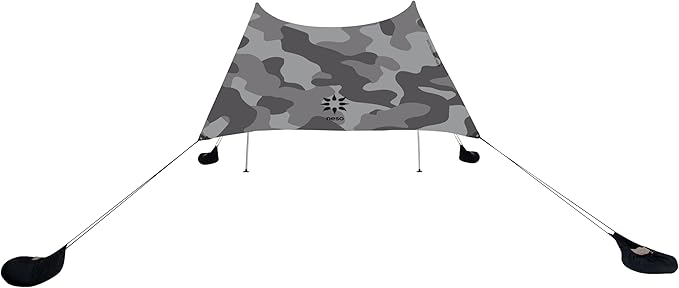 Neso Portable Beach Tent Sun Shelter with Sand Anchor - Lightweight Beach Shade Canopy - Easy Setup for Family Outings - Patented Reinforced Corners - UPF 50+ Sun Protection - 7 x 7ft - Grey Camo